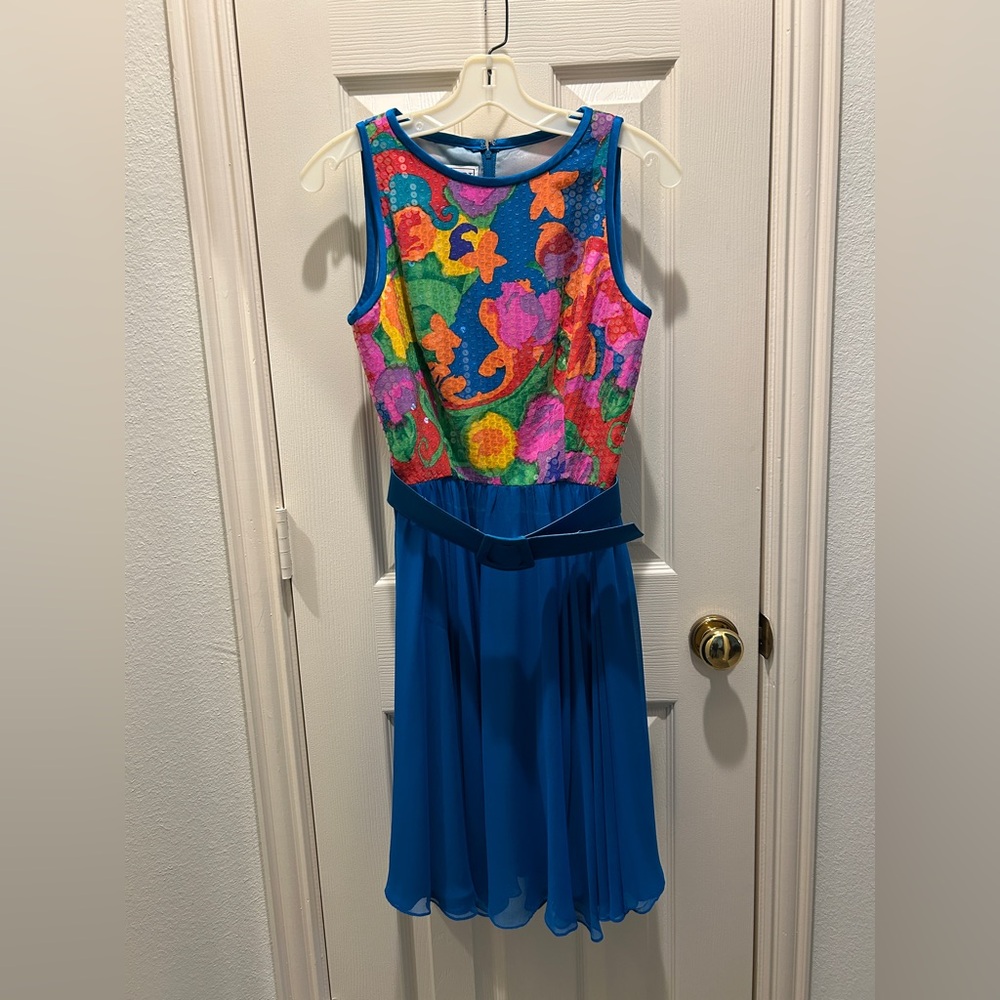 A.J. Bari Sexy Sleeveless Dress Multicolor Sequin Floral Bodice with Full Skirt